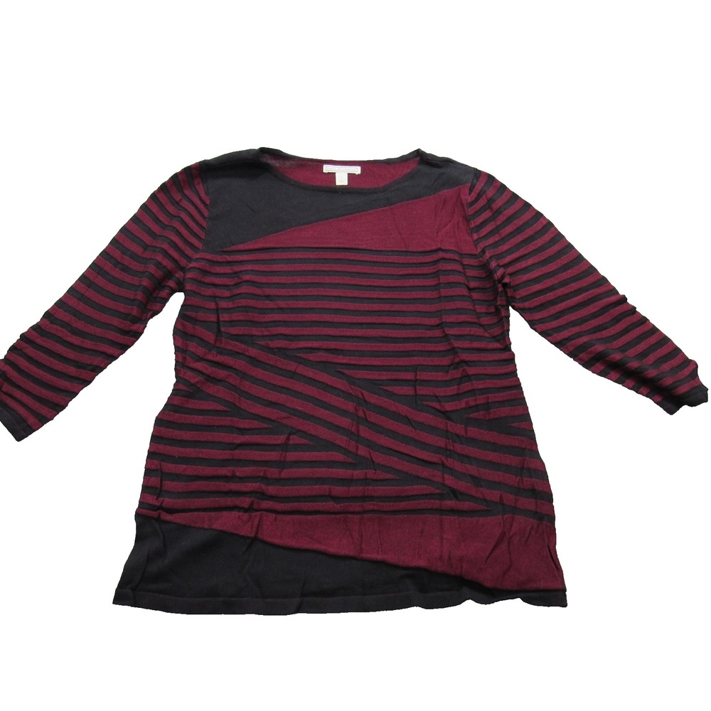 Dana Buchman‎ Shirt Womens Large Black Burgundy Stripe 3/4 Sleeve Geometric Top